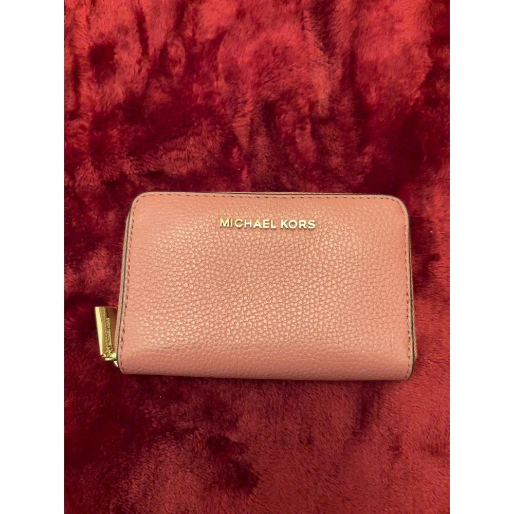 Michael Kors Jet Set Small Zip Around Card Wallet Dusty Rose Pebbled Leather
